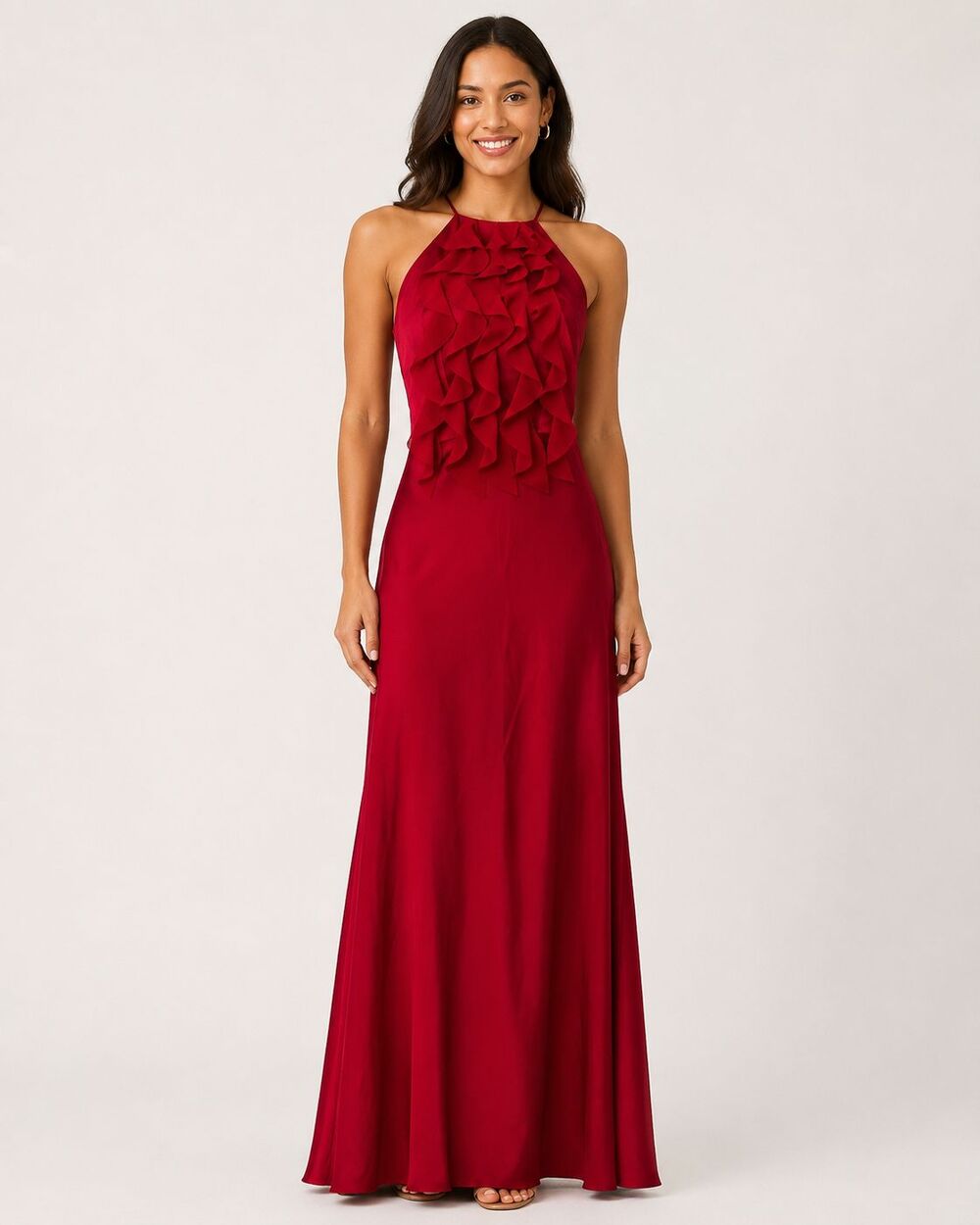 WHBM White House Black Market Red Ruffle Halter Maxi Dress Size 6